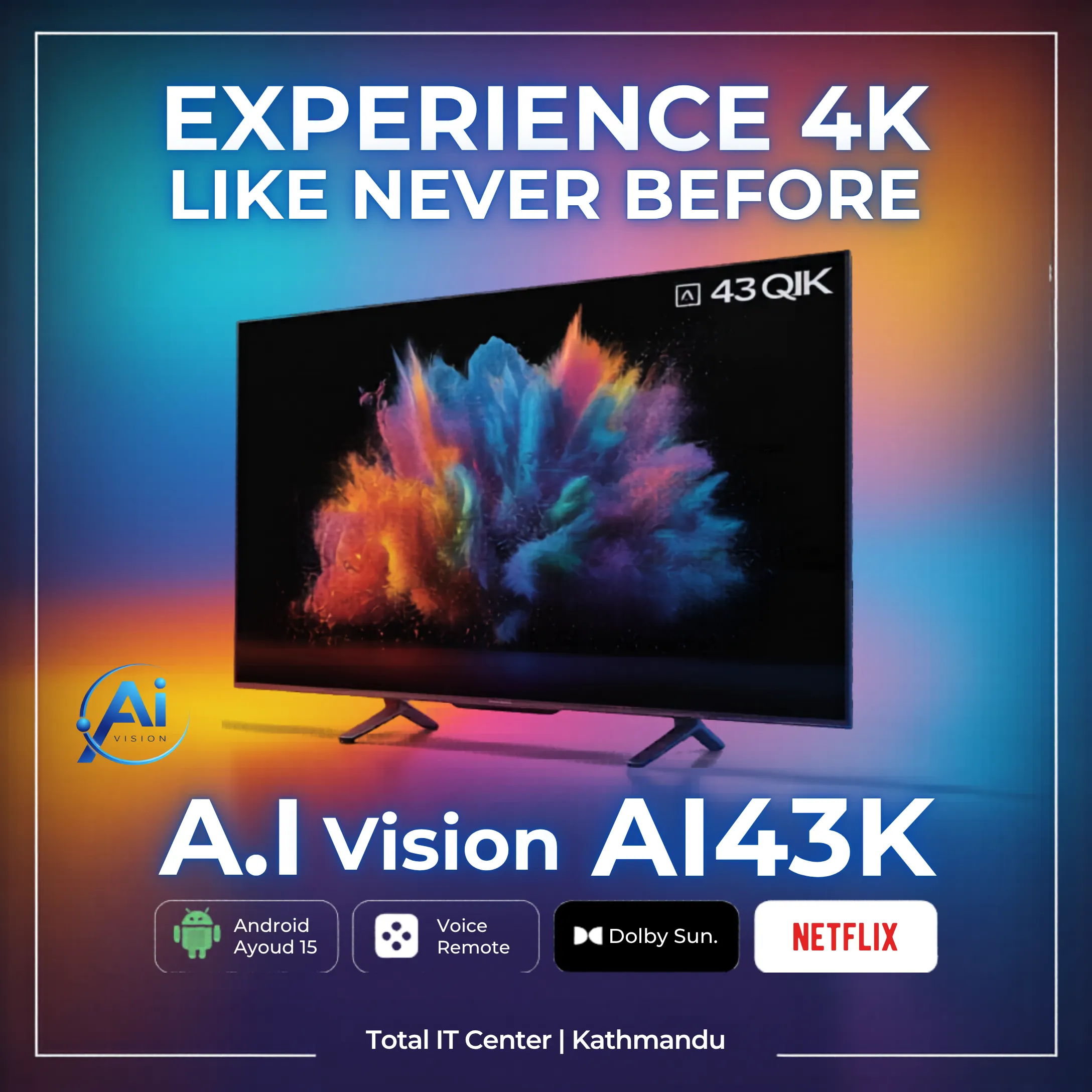 A.I Vision 43 Inch 4K QLED Smart TV 2026 | Ai43K | Android 15 | Dolby Sound | 5-Year Warranty